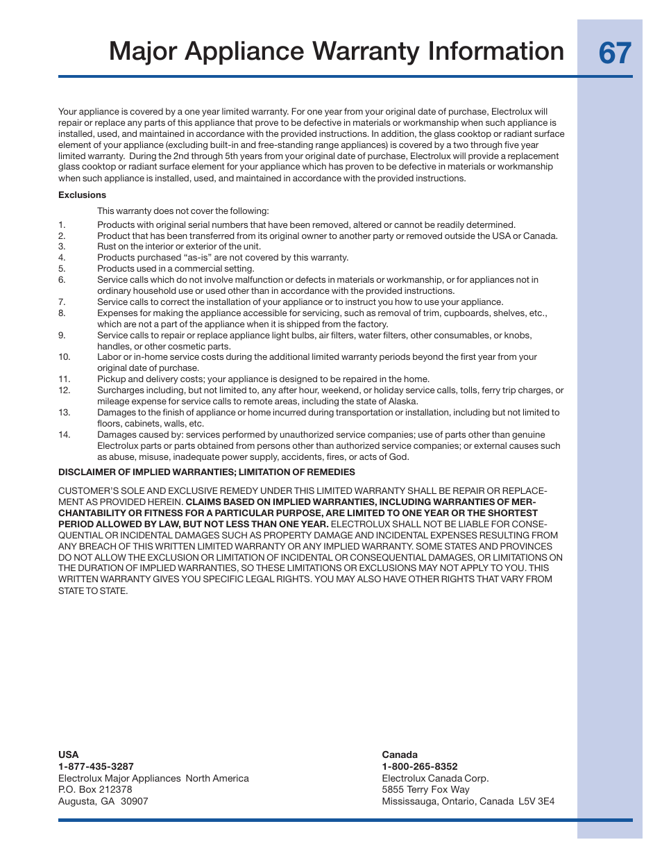 Major appliance warranty information | Electrolux 316520101 User Manual | Page 67 / 68