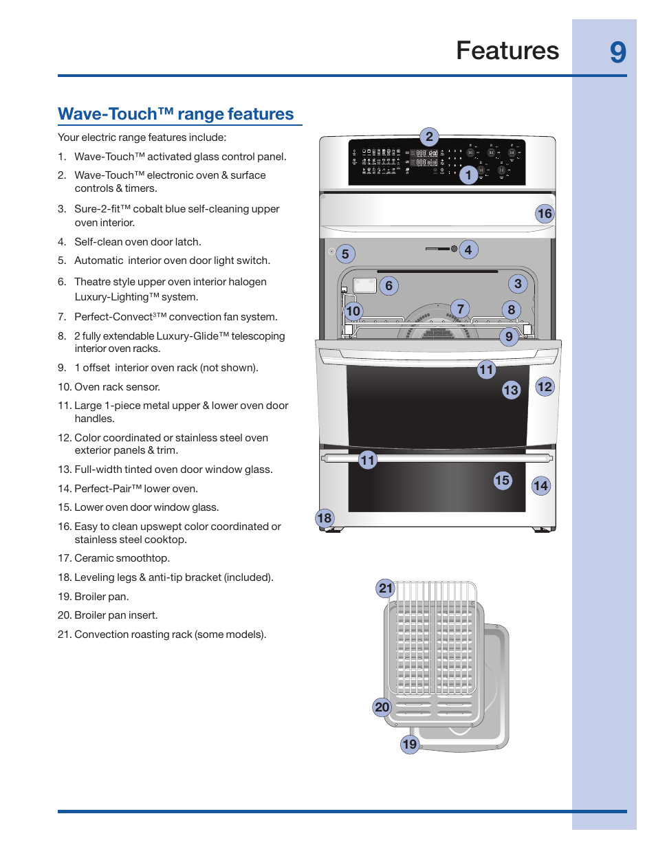 Features, Wave-touch™ range features | Electrolux 316520101 User Manual | Page 9 / 68
