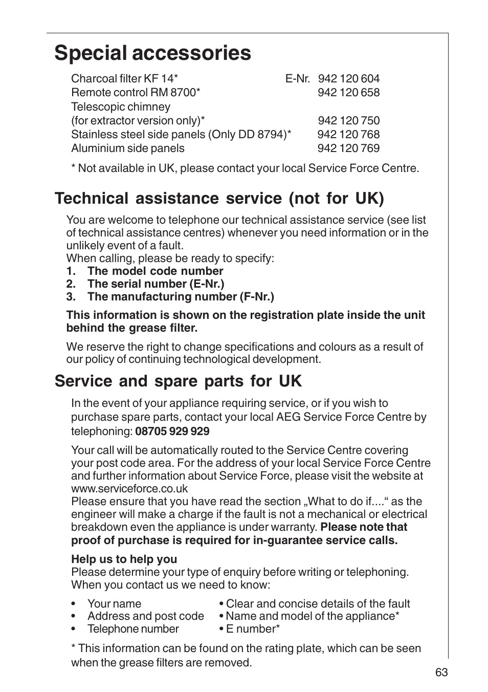 Special accessories, Technical assistance service (not for uk), Service and spare parts for uk | Electrolux DD 8795 User Manual | Page 12 / 18