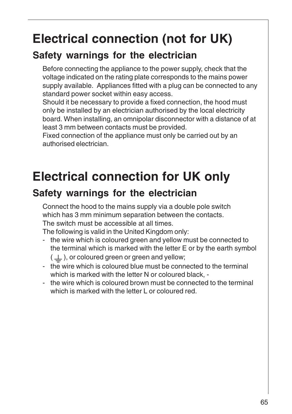 Electrical connection (not for uk), Electrical connection for uk only, Safety warnings for the electrician | Electrolux DD 8795 User Manual | Page 14 / 18