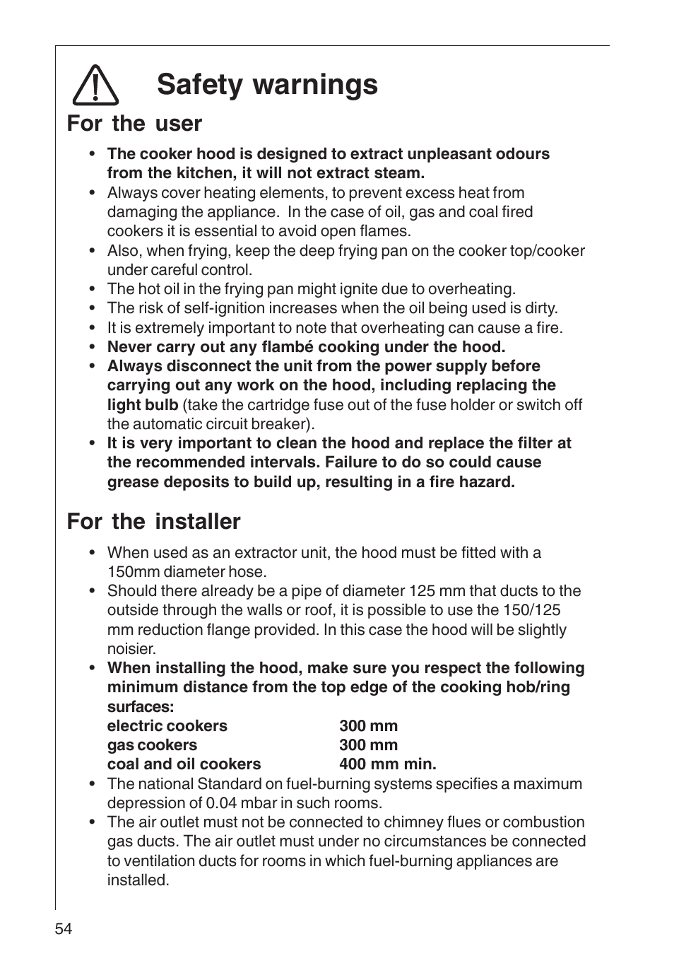 Safety warnings, For the user, For the installer | Electrolux DD 8795 User Manual | Page 3 / 18