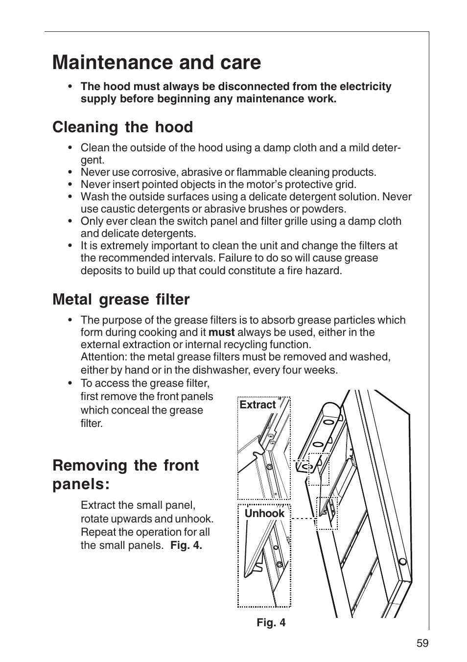 Maintenance and care, Cleaning the hood, Metal grease filter | Removing the front panels | Electrolux DD 8795 User Manual | Page 8 / 18