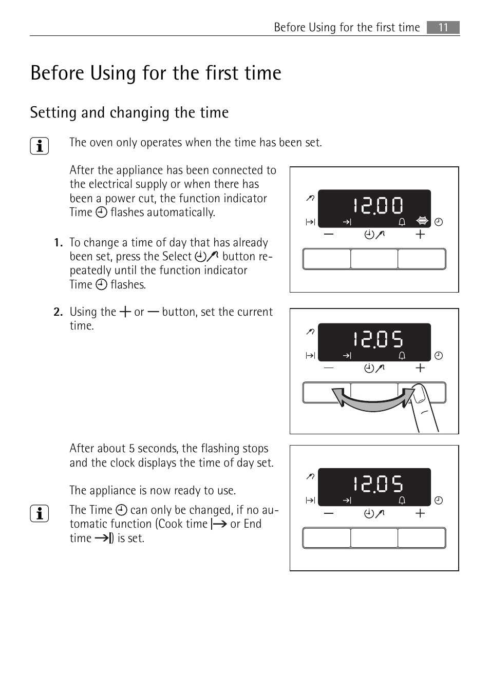 Before using for the first time, Setting and changing the time | Electrolux E4431-5 User Manual | Page 11 / 68