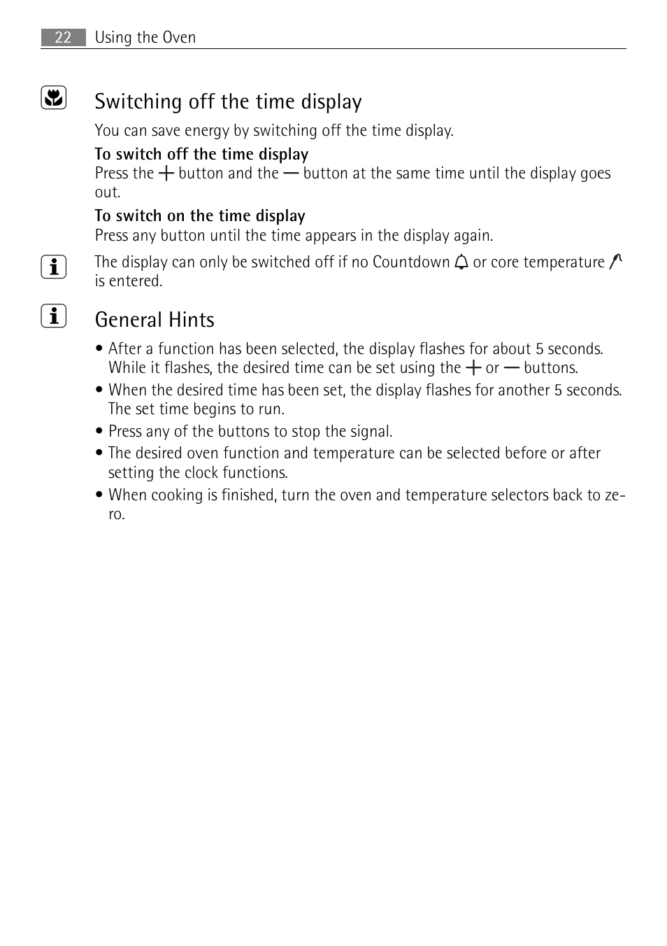 Switching off the time display, General hints | Electrolux E4431-5 User Manual | Page 22 / 68