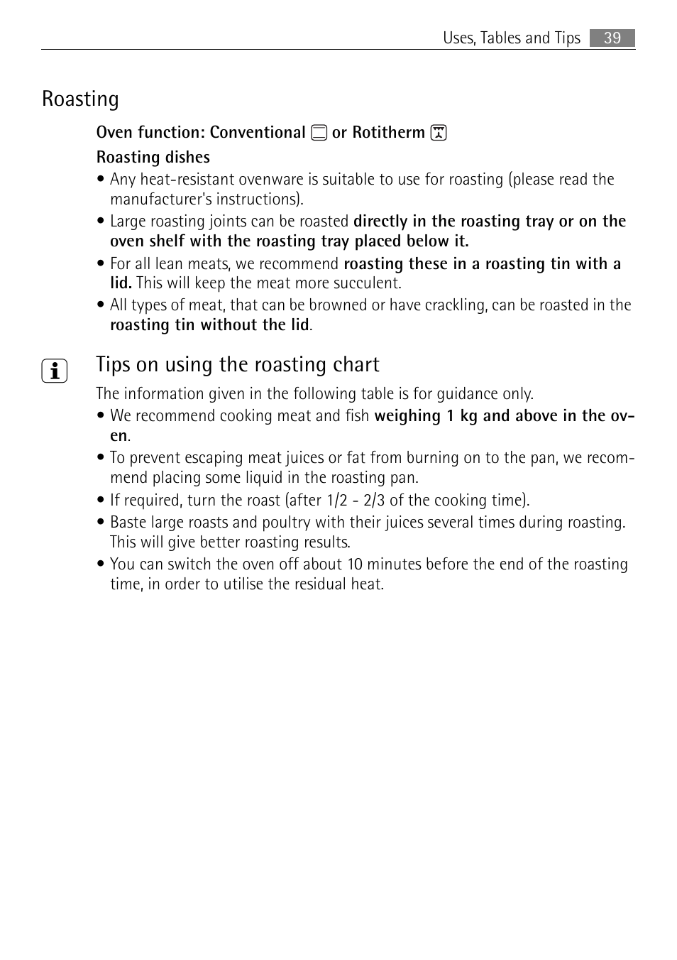 Roasting, Tips on using the roasting chart | Electrolux E4431-5 User Manual | Page 39 / 68