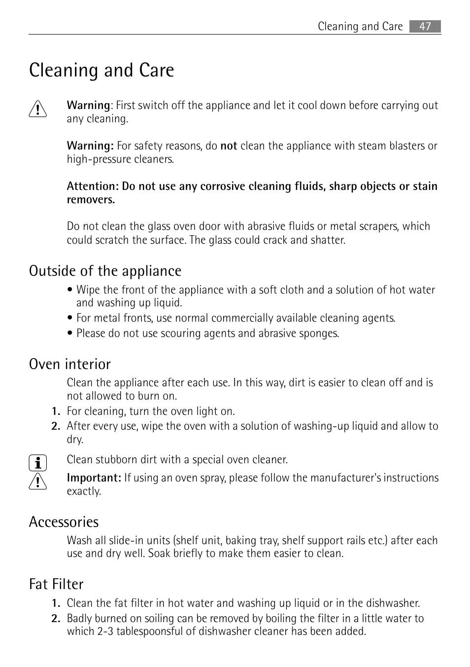 Cleaning and care 1, Outside of the appliance, Oven interior | Accessories, Fat filter | Electrolux E4431-5 User Manual | Page 47 / 68