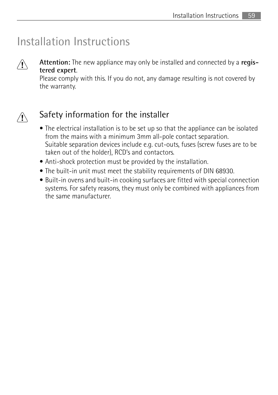 Installation instructions 1, Safety information for the installer | Electrolux E4431-5 User Manual | Page 59 / 68