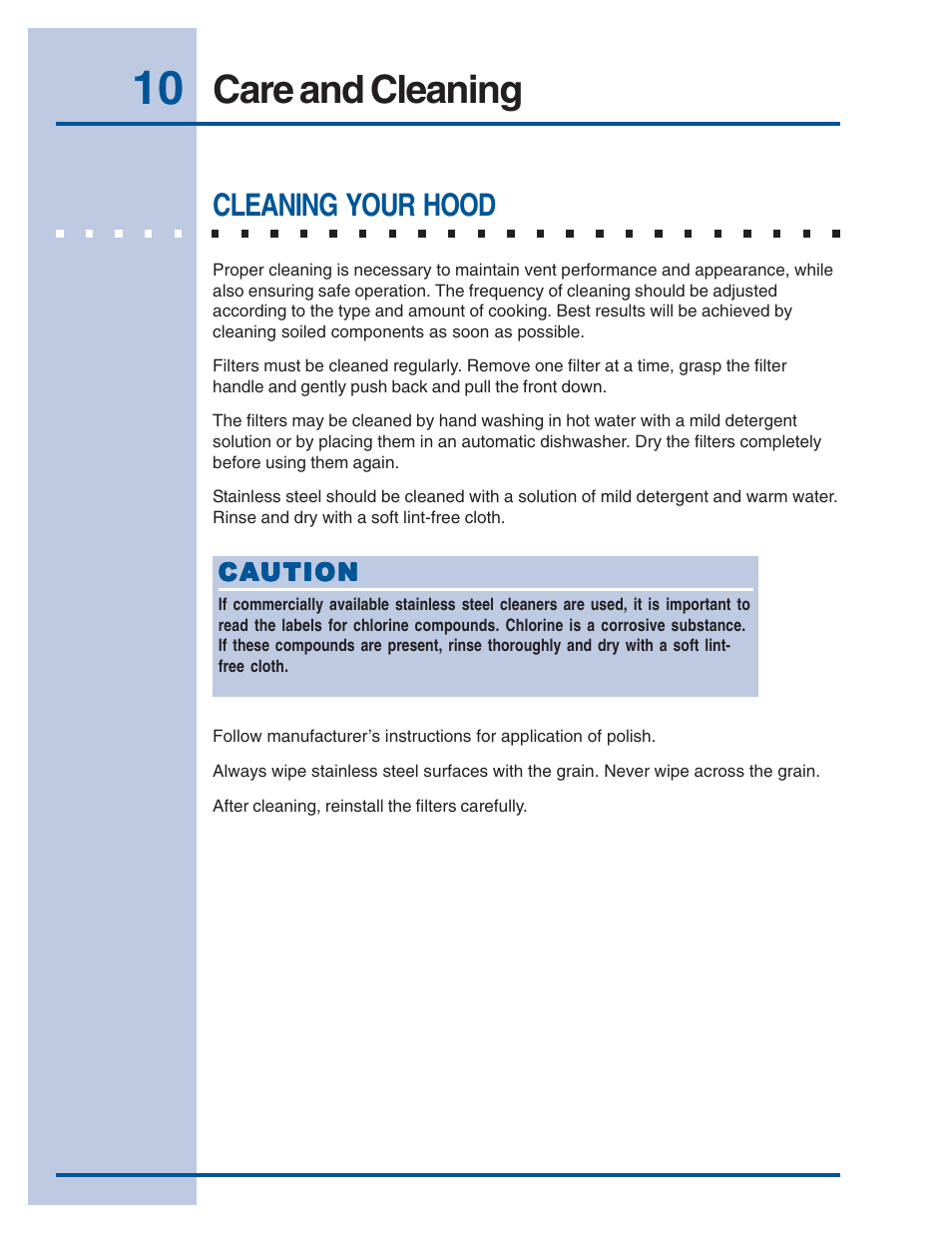 Care and cleaning, Cleaning your hood | Electrolux E48WV12EPS User Manual | Page 10 / 14