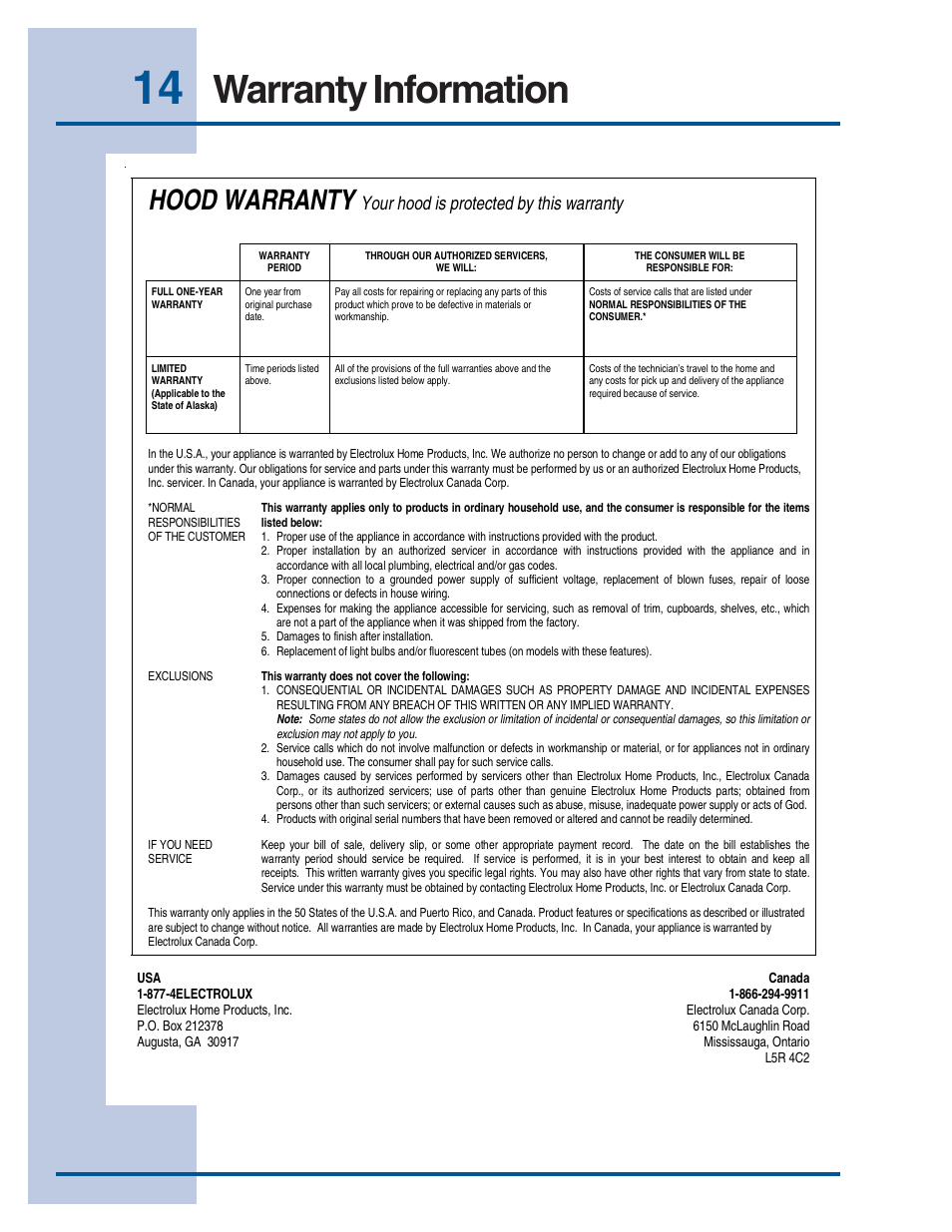 Warranty information, Hood warranty, Your hood is protected by this warranty | Electrolux E48WV12EPS User Manual | Page 14 / 14