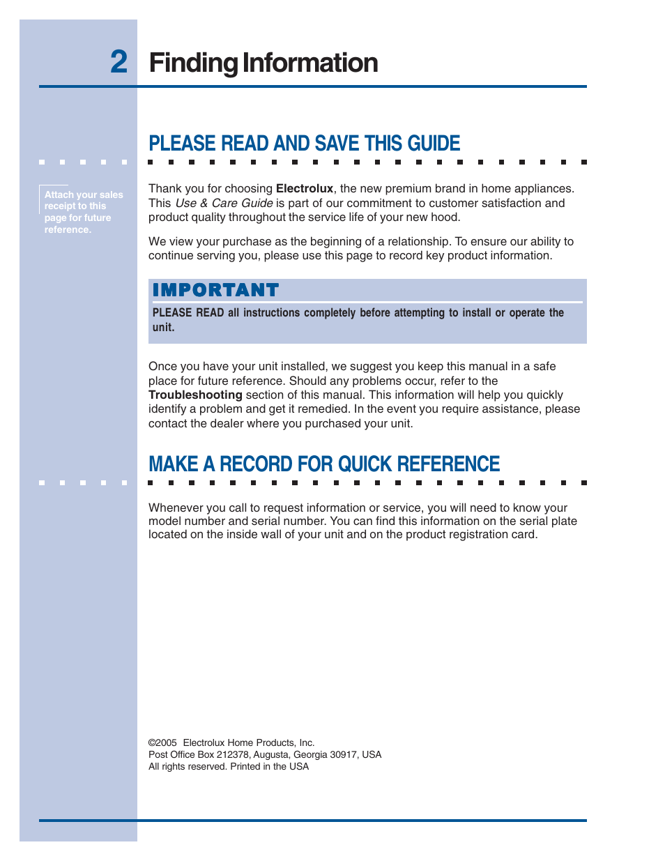 Finding information, Please read and save this guide, Make a record for quick reference | Electrolux E48WV12EPS User Manual | Page 2 / 14