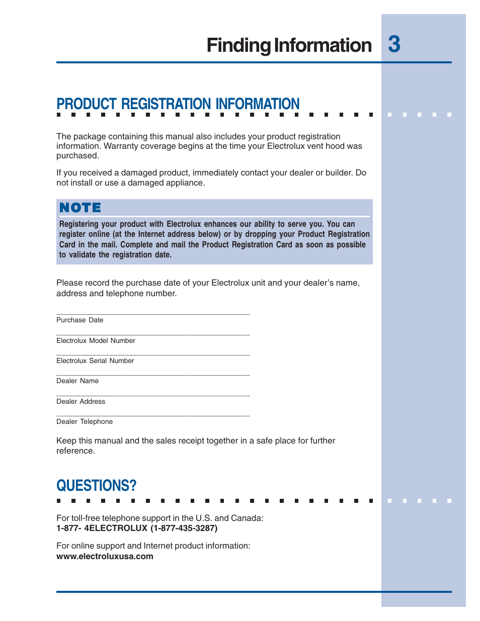Finding information, Product registration information, Questions | Electrolux E48WV12EPS User Manual | Page 3 / 14