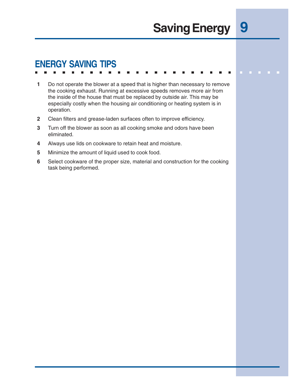 Saving energy, Energy saving tips | Electrolux E48WV12EPS User Manual | Page 9 / 14
