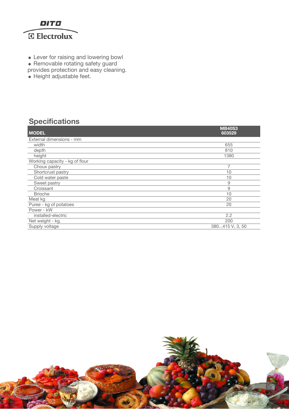 Specifications | Electrolux Dito 603529 User Manual | Page 2 / 4