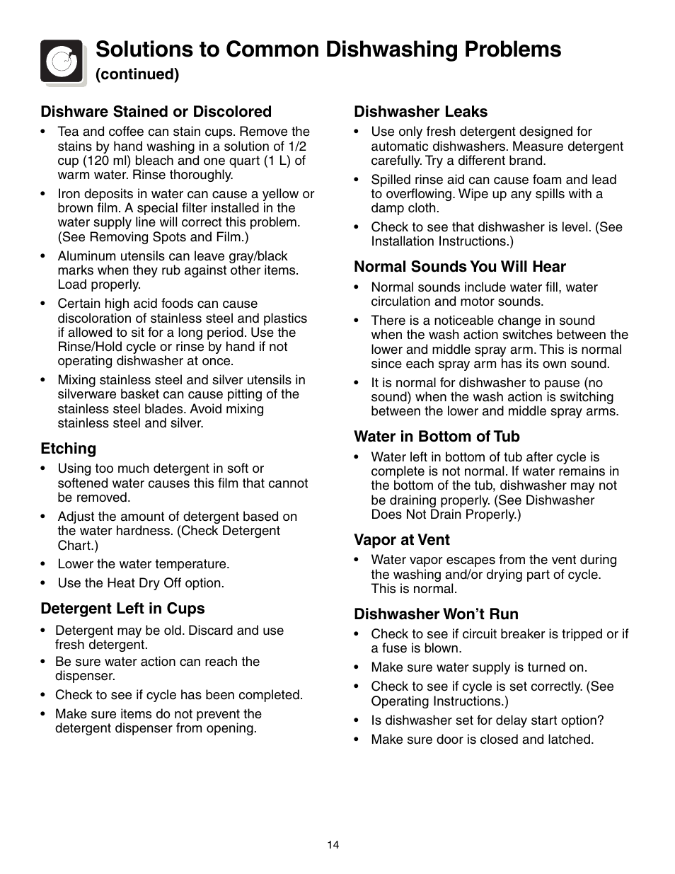Solutions to common dishwashing problems | Electrolux 700 Series User Manual | Page 14 / 16