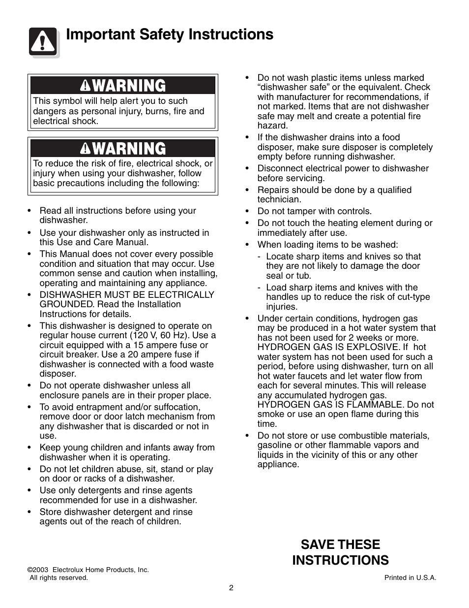 Important safety instructions, Save these instructions | Electrolux 700 Series User Manual | Page 2 / 16