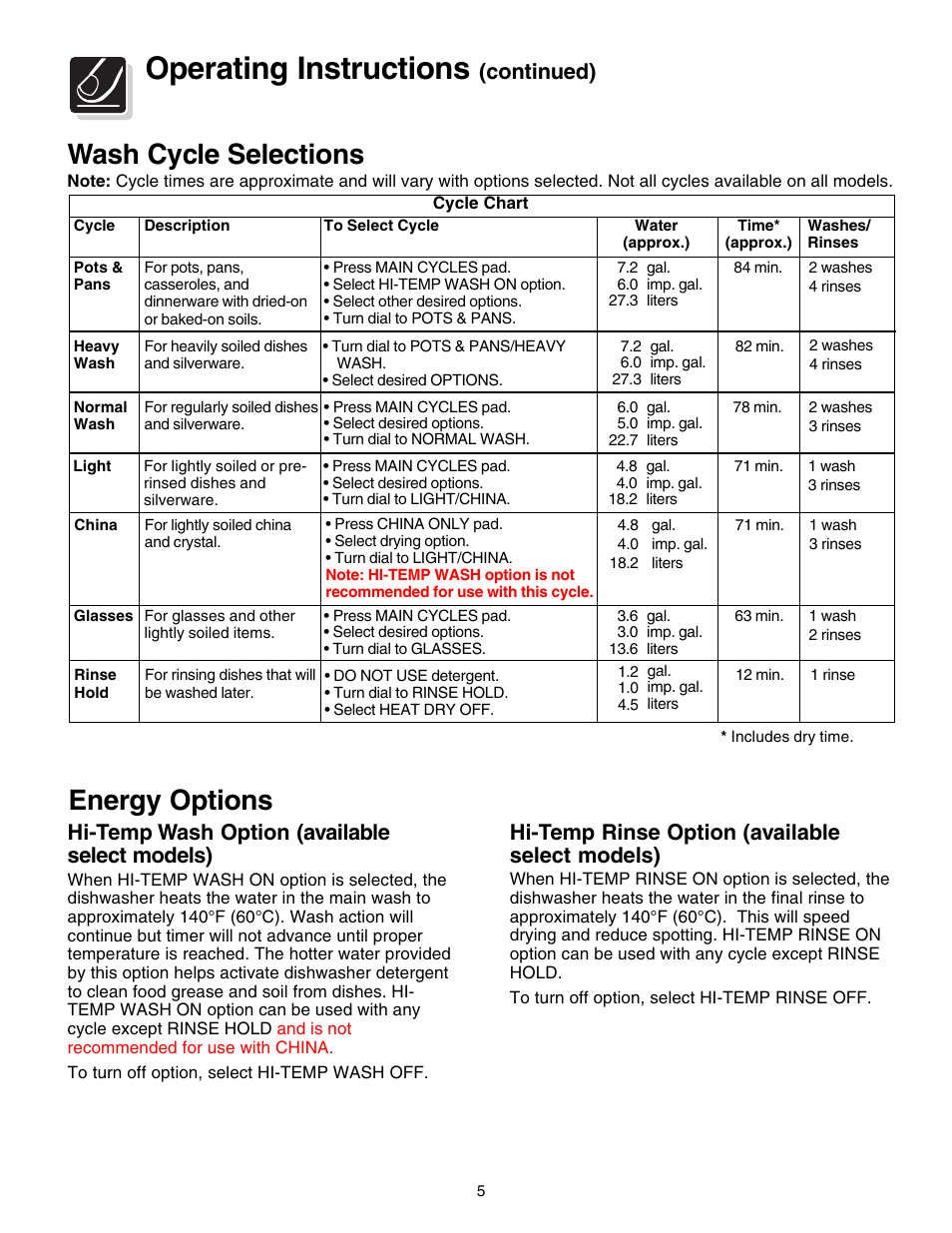 Operating instructions, Energy options, Wash cycle selections | Hi-temp rinse option (available select models) | Electrolux 700 Series User Manual | Page 5 / 16