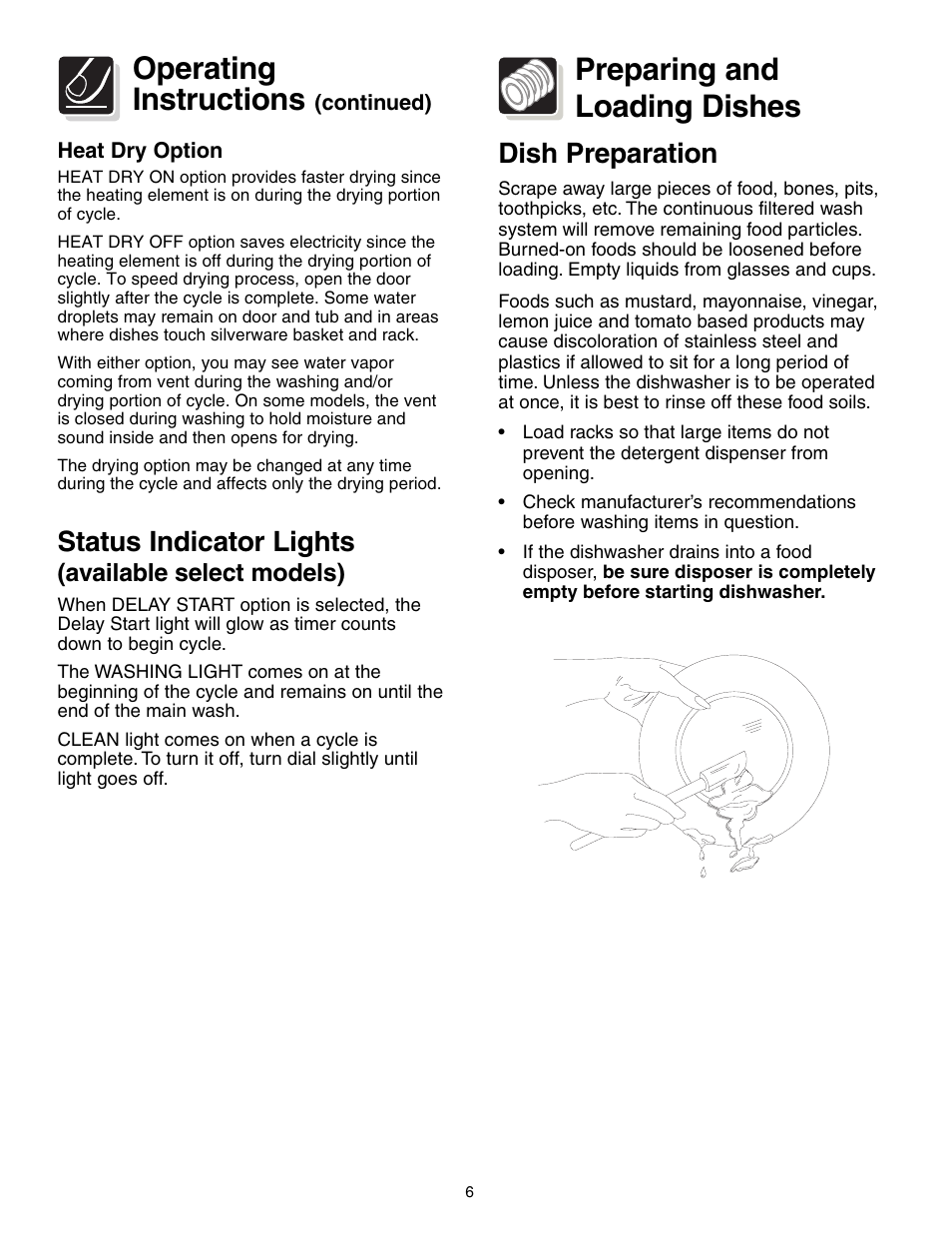 Preparing and loading dishes, Operating instructions, Dish preparation | Status indicator lights, Available select models) | Electrolux 700 Series User Manual | Page 6 / 16