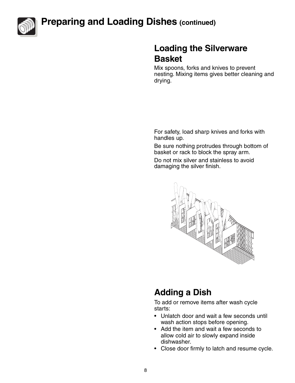 Preparing and loading dishes, Loading the silverware basket, Adding a dish | Electrolux 700 Series User Manual | Page 8 / 16