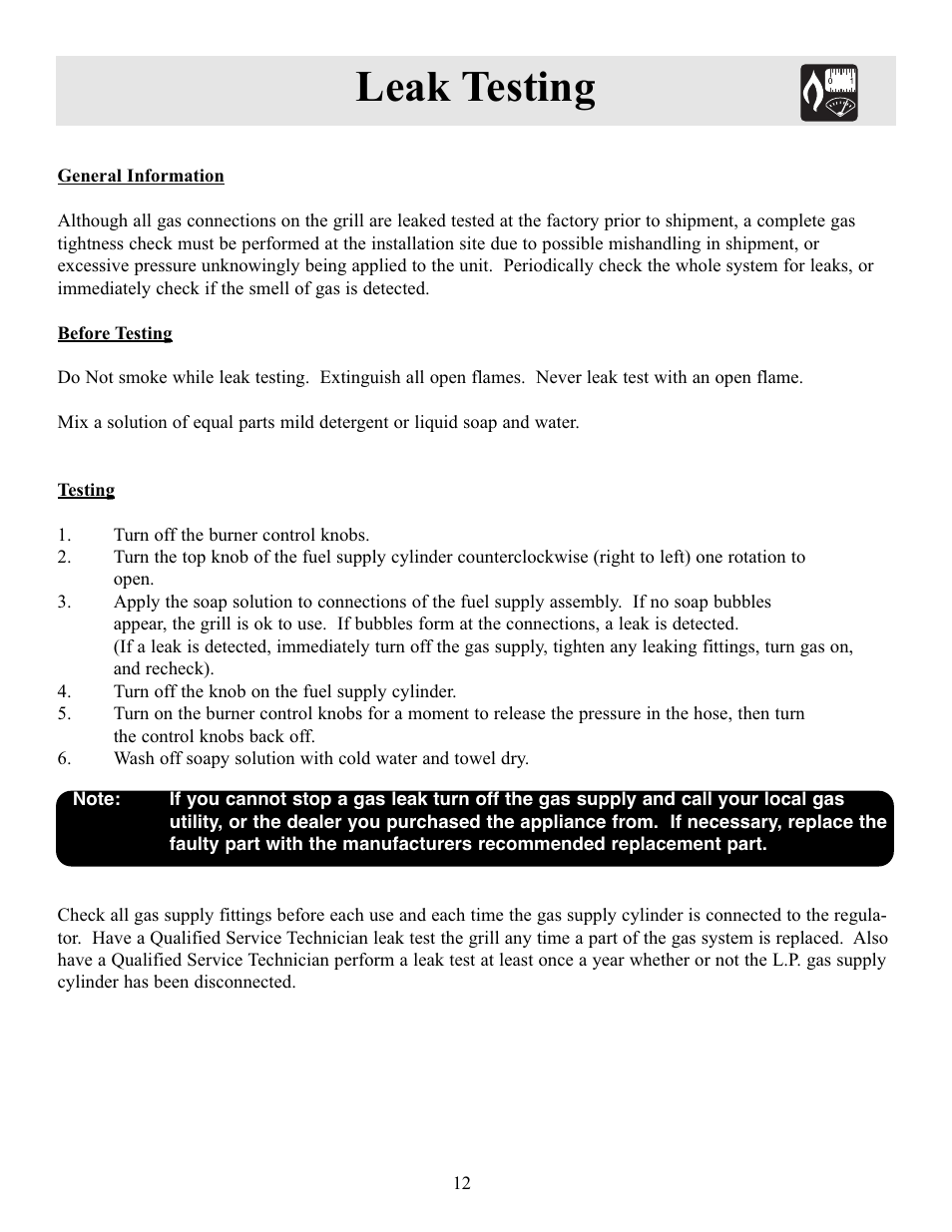 Leak testing | Electrolux 26" Stainless Steel Outdoor Grill User Manual | Page 13 / 19