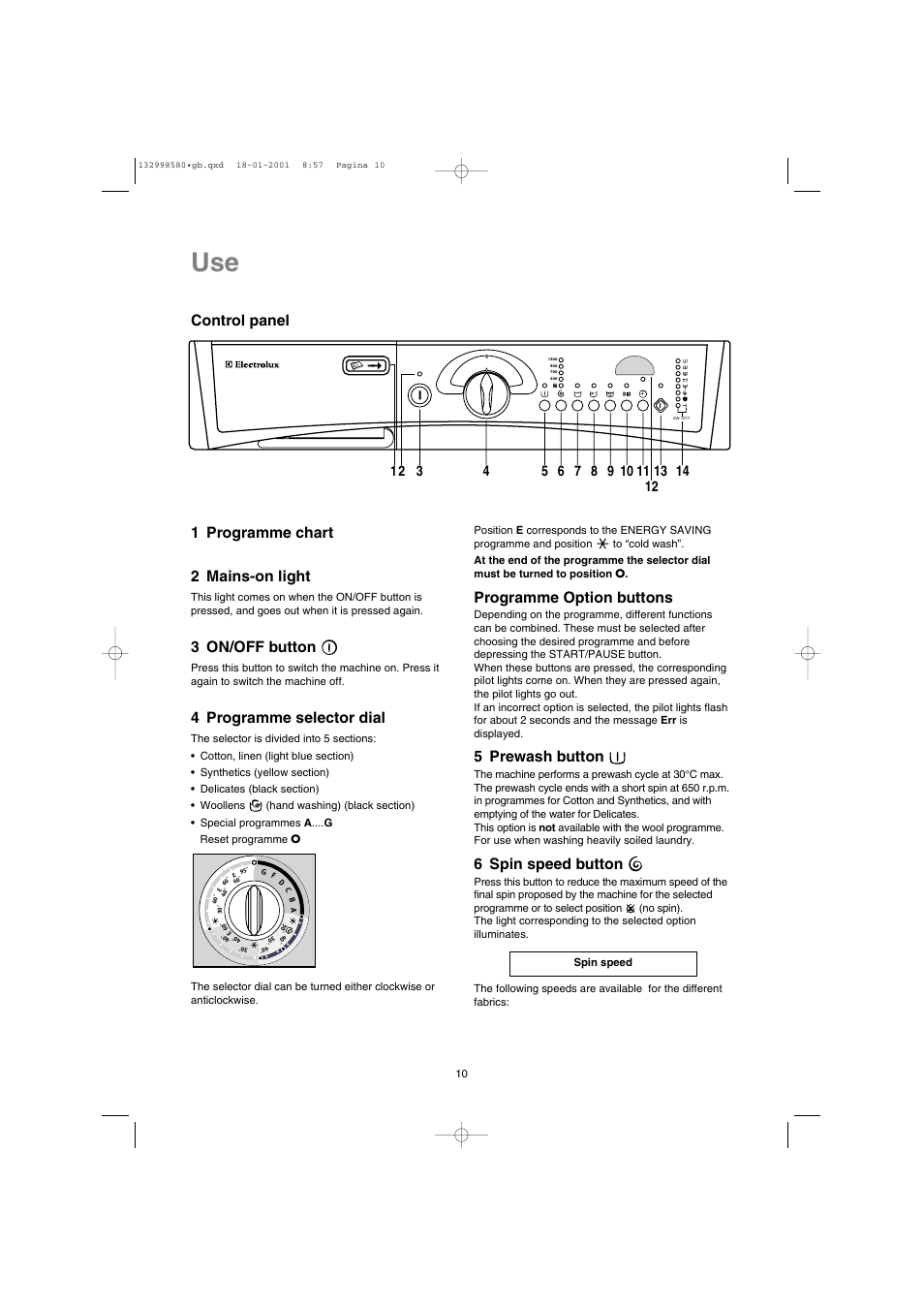 Control panel 1 programme chart 2 mains-on light, 3 on/off button, 4 programme selector dial | Programme option buttons, 5 prewash button, 6 spin speed button | Electrolux EW 1677 F User Manual | Page 10 / 25