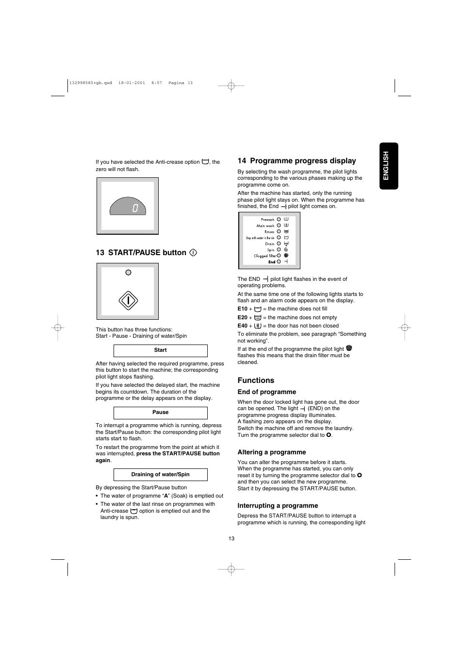 13 start/pause button, 14 programme progress display, Functions | Electrolux EW 1677 F User Manual | Page 13 / 25