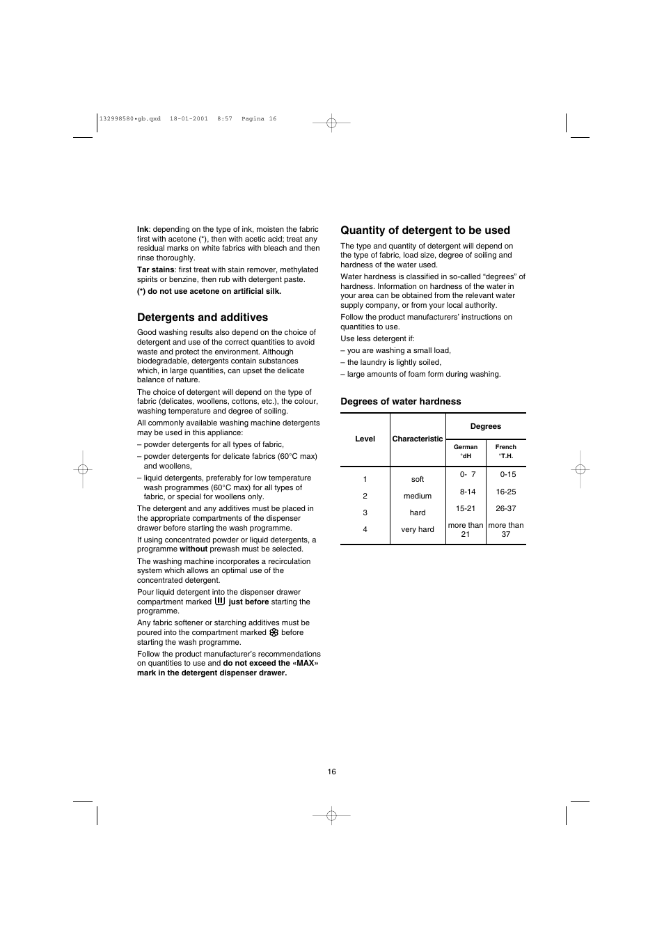 Quantity of detergent to be used, Detergents and additives | Electrolux EW 1677 F User Manual | Page 16 / 25