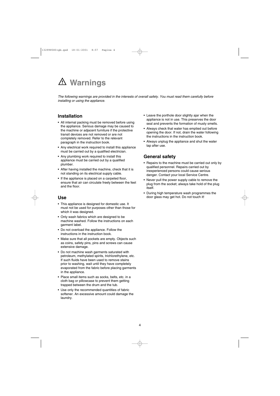 Warnings | Electrolux EW 1677 F User Manual | Page 4 / 25