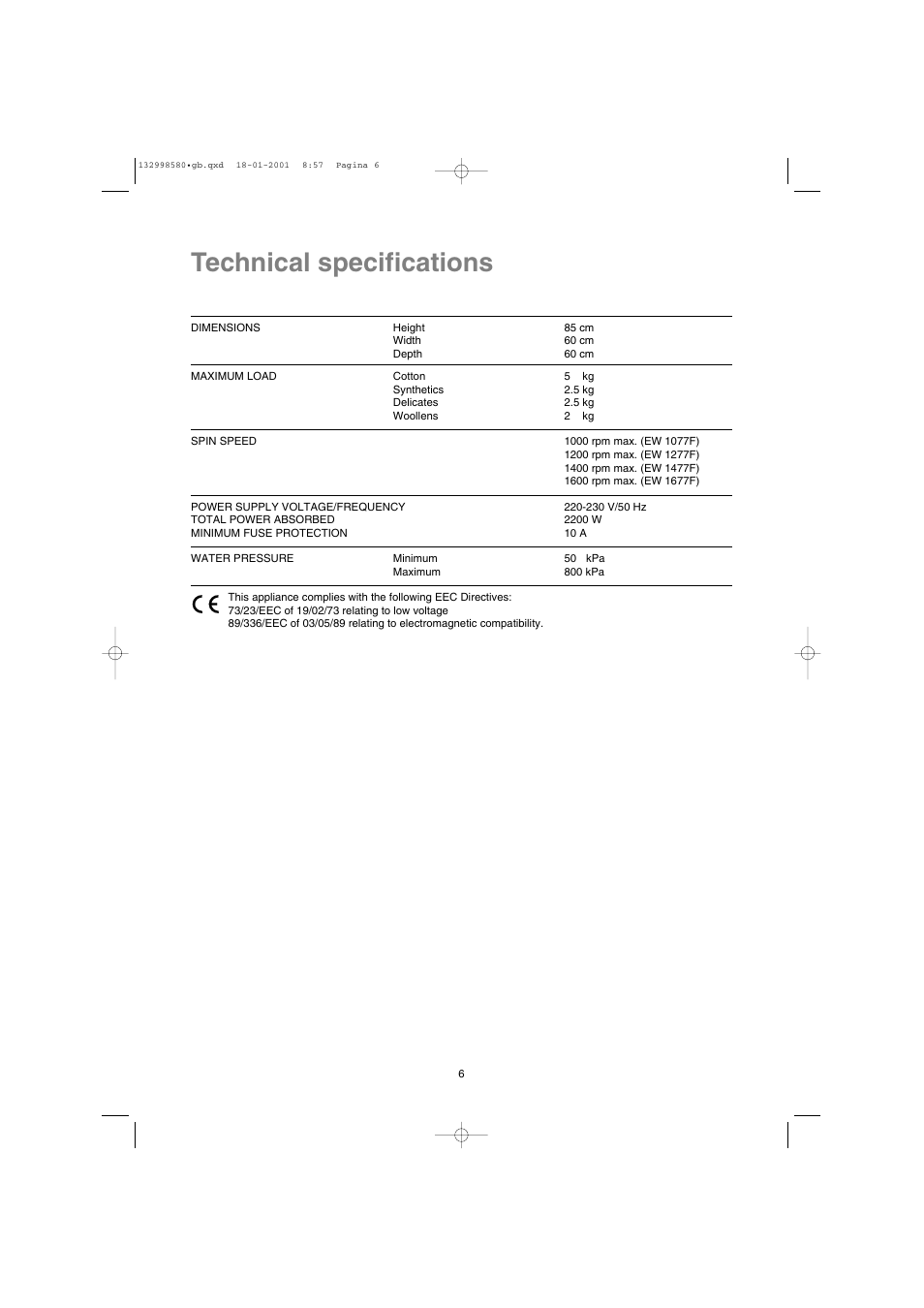 Technical specifications | Electrolux EW 1677 F User Manual | Page 6 / 25