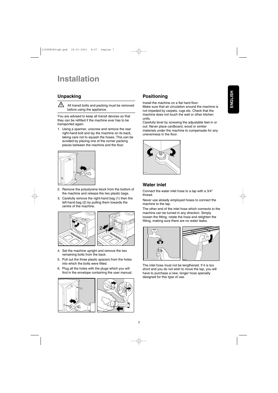 Installation, Unpacking, Positioning | Water inlet | Electrolux EW 1677 F User Manual | Page 7 / 25