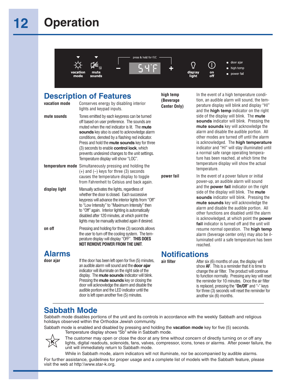 Operation, Notifications, Description of features | Alarms, Sabbath mode | Electrolux 5303918374 User Manual | Page 12 / 17