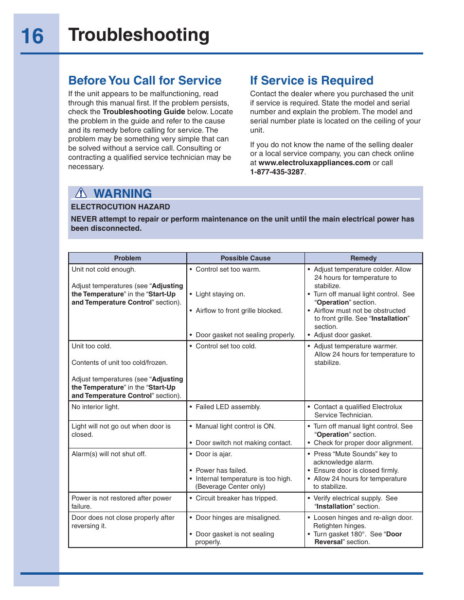 Troubleshooting, Before you call for service, If service is required | Warning | Electrolux 5303918374 User Manual | Page 16 / 17