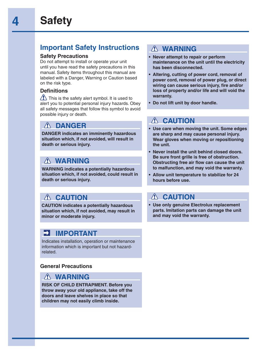 Safety, Important safety instructions, Warning | Important, Caution, Danger | Electrolux 5303918374 User Manual | Page 4 / 17