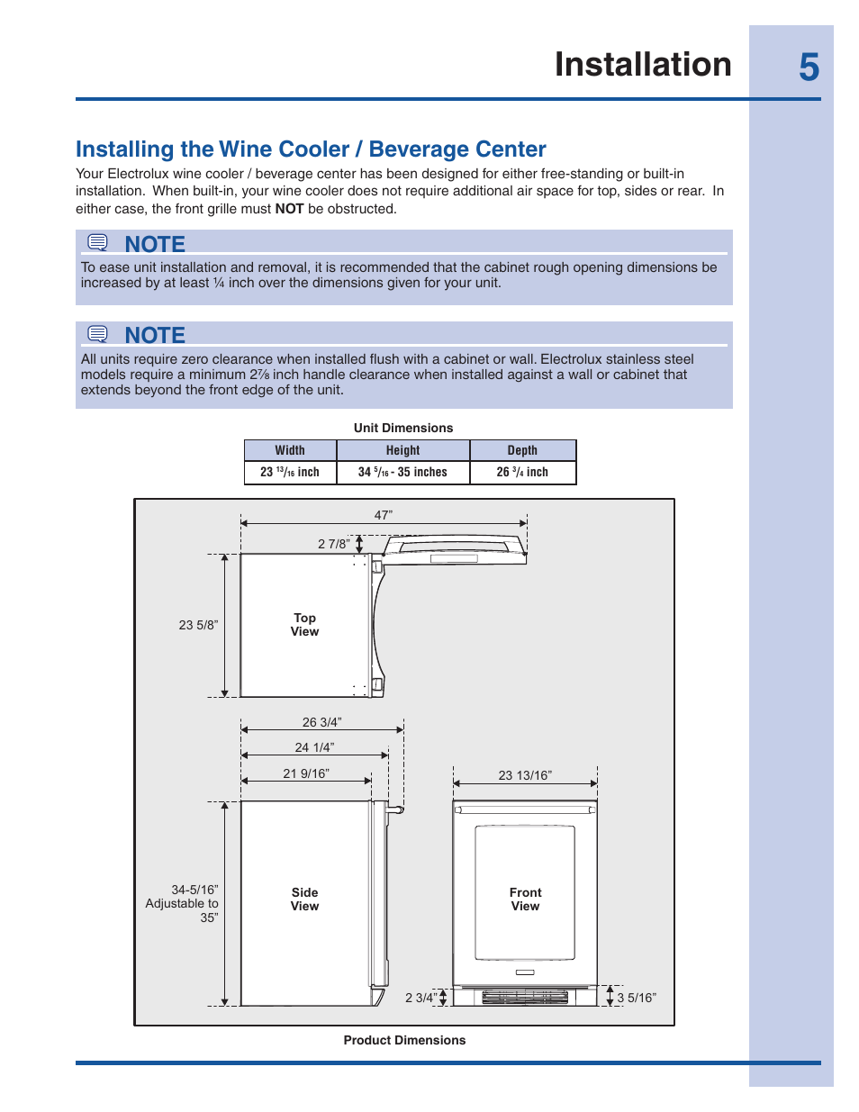 Installation, Installing the wine cooler / beverage center | Electrolux 5303918374 User Manual | Page 5 / 17