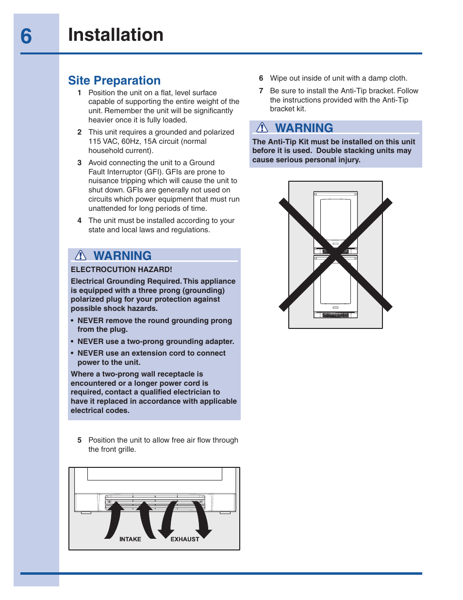 Installation, Warning, Site preparation | Electrolux 5303918374 User Manual | Page 6 / 17