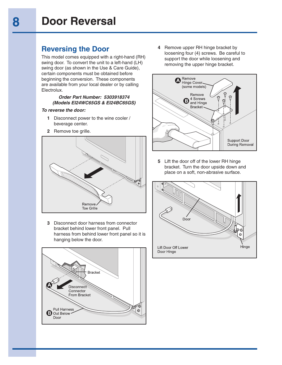 Door reversal, Reversing the door | Electrolux 5303918374 User Manual | Page 8 / 17