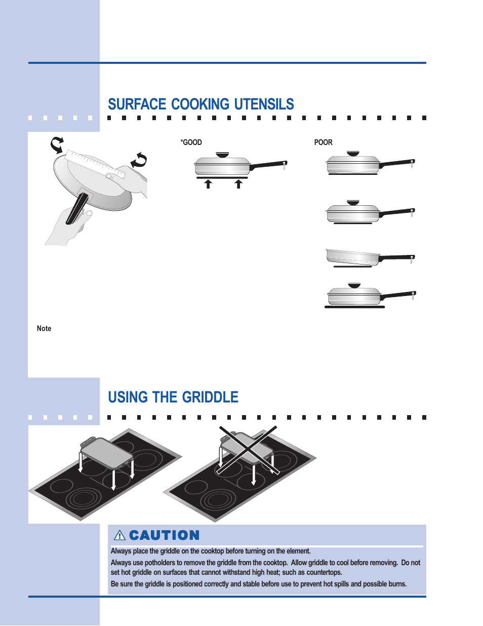 Setting surface controls, Surface cooking utensils, Using the griddle | Ca caution ution ution ution ution | Electrolux E36EC75HSS User Manual | Page 14 / 20