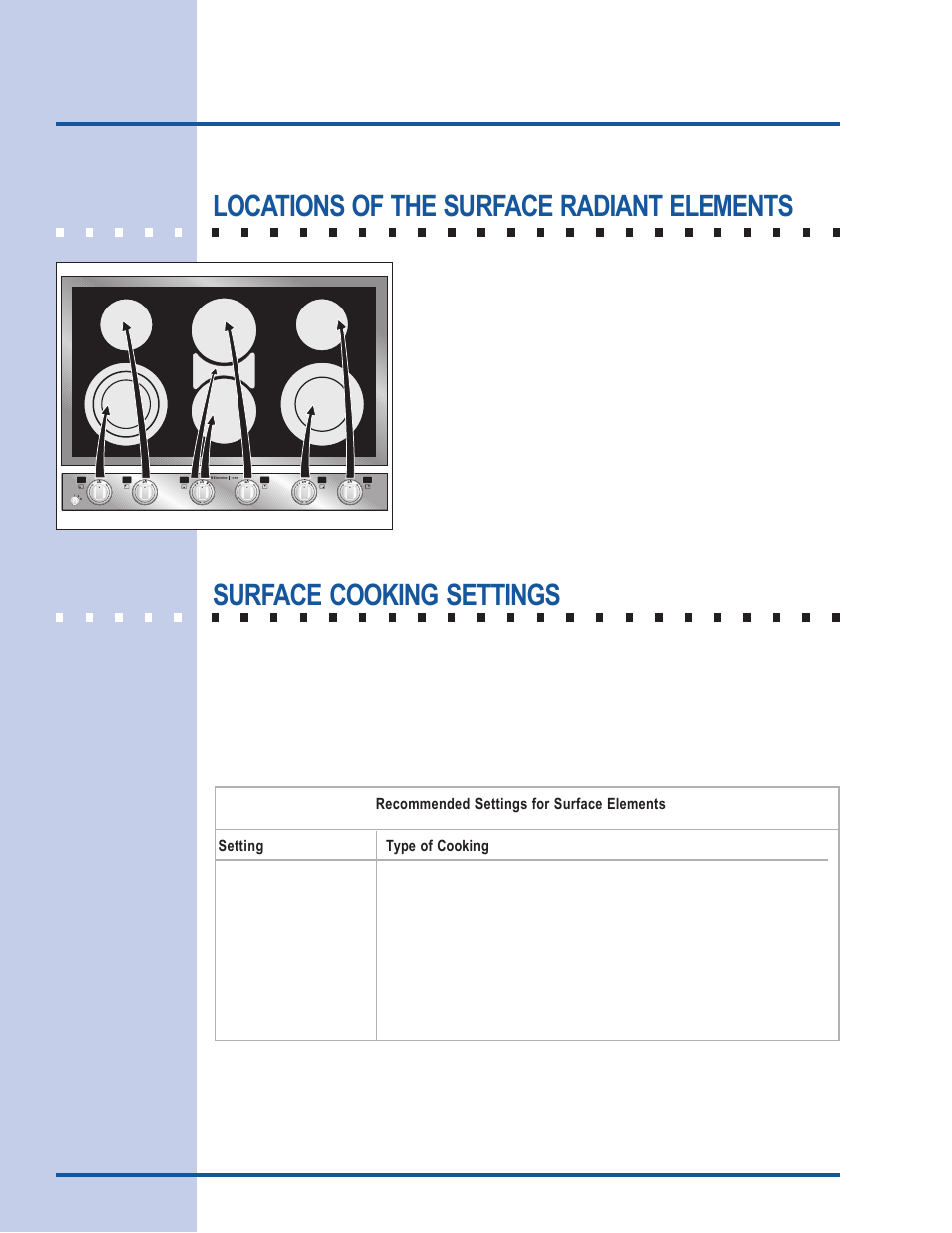 Setting surface controls, Locations of the surface radiant elements, Surface cooking settings | Electrolux E36EC75HSS User Manual | Page 8 / 20