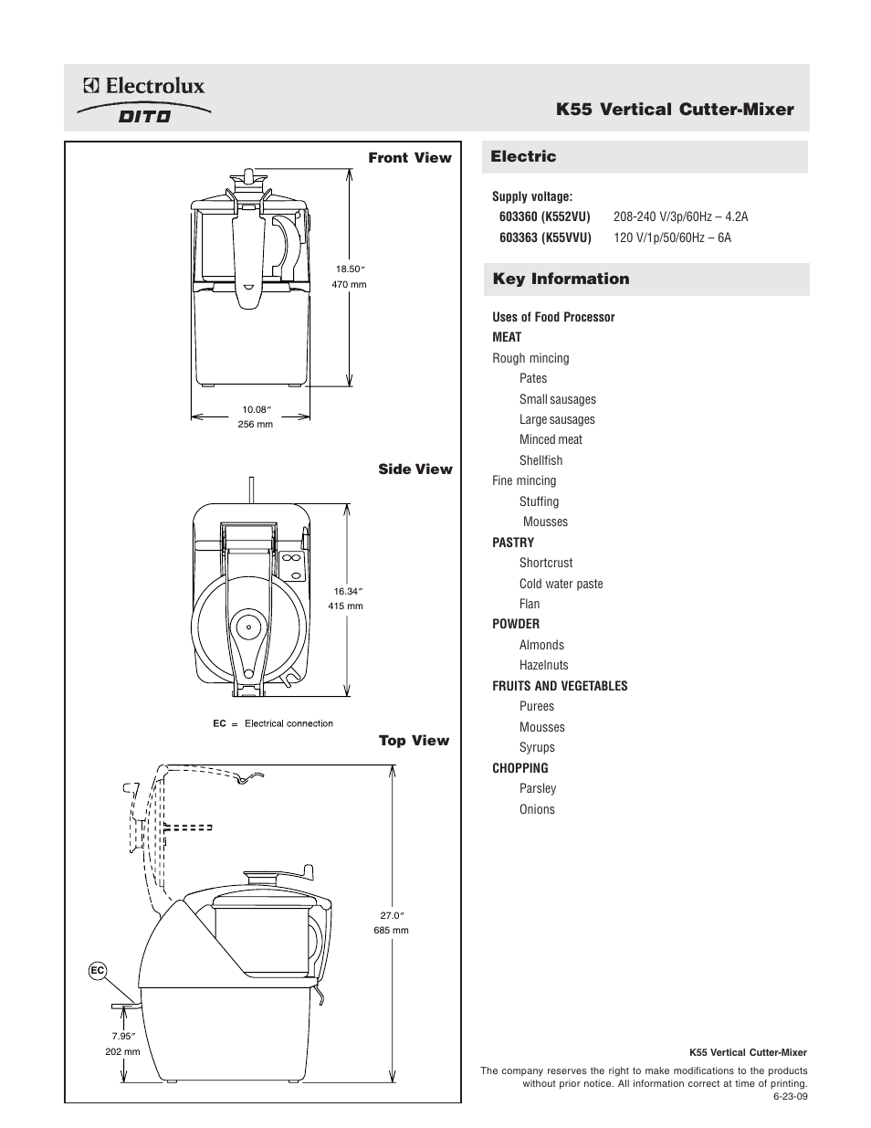 K55 vertical cutter-mixer, Electric, Key information | Electrolux Dito K552VU User Manual | Page 2 / 2