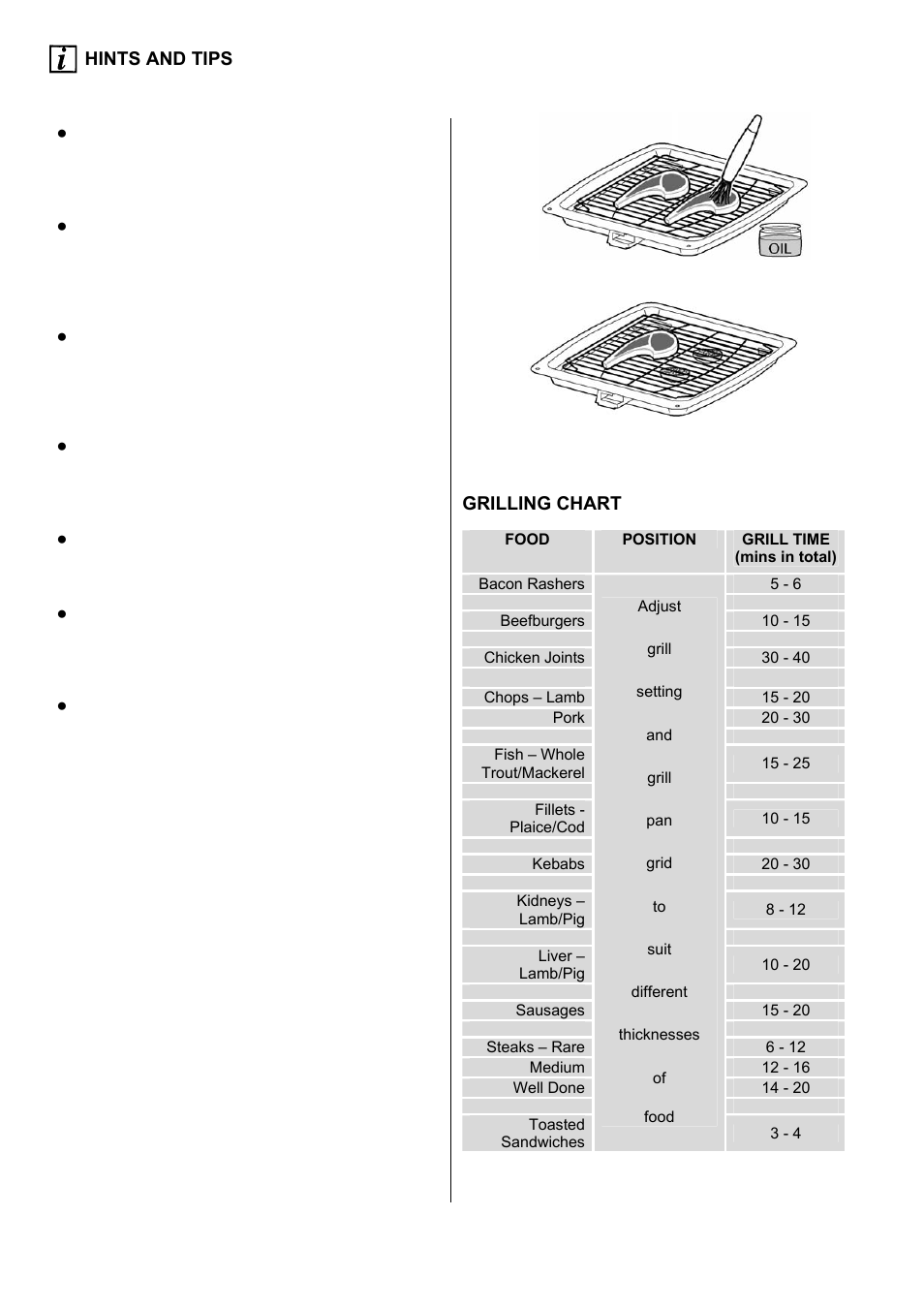 13 hints and tips, Grilling chart | Electrolux D77000GF User Manual | Page 13 / 44