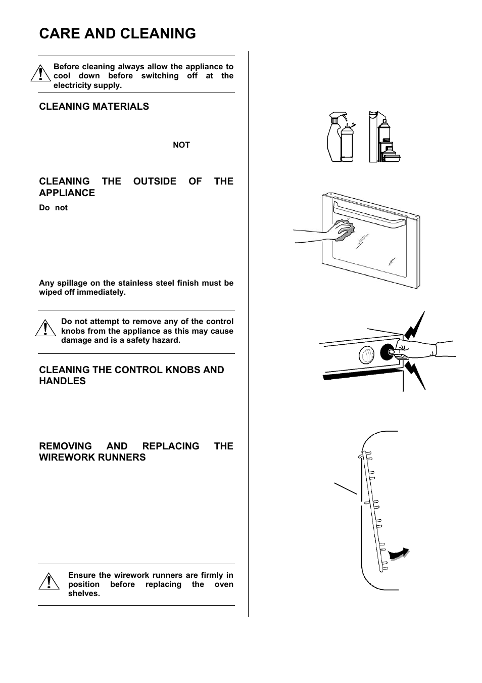 Care and cleaning, Cleaning materials, Cleaning the outside of the appliance | Cleaning the control knobs and handles, Removing and replacing the wirework runners | Electrolux D77000GF User Manual | Page 30 / 44