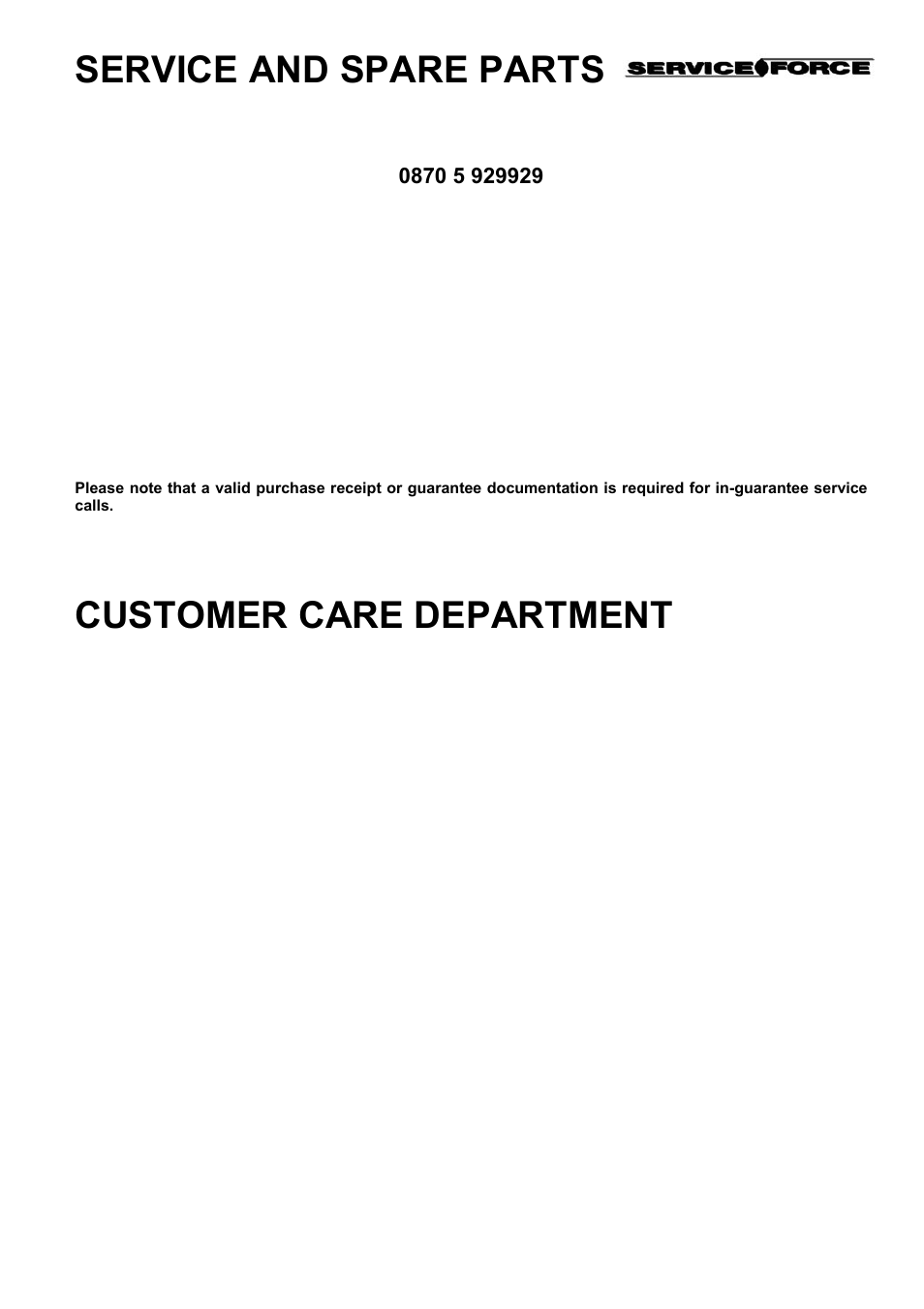 Service and spare parts, Customer care department | Electrolux D77000GF User Manual | Page 36 / 44