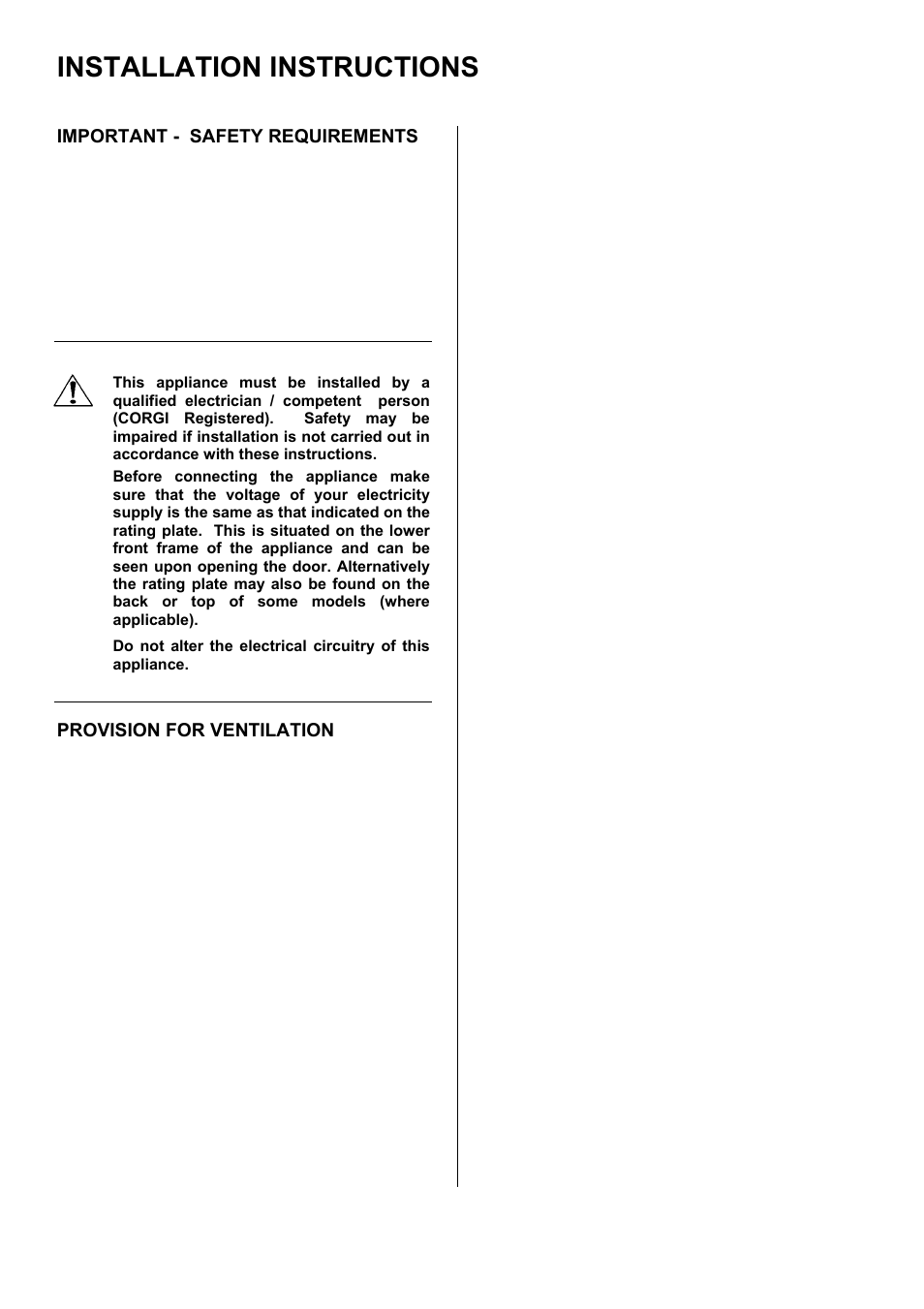 Installation instructions, Important - safety requirements, Provision for ventilation | Electrolux D77000GF User Manual | Page 39 / 44