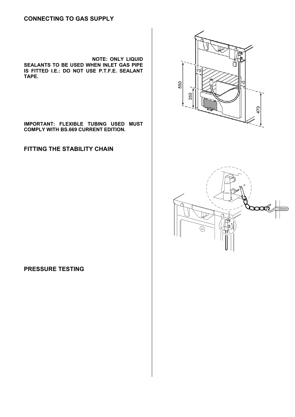 42 connecting to gas supply, Fitting the stability chain, Pressure testing | Electrolux D77000GF User Manual | Page 42 / 44