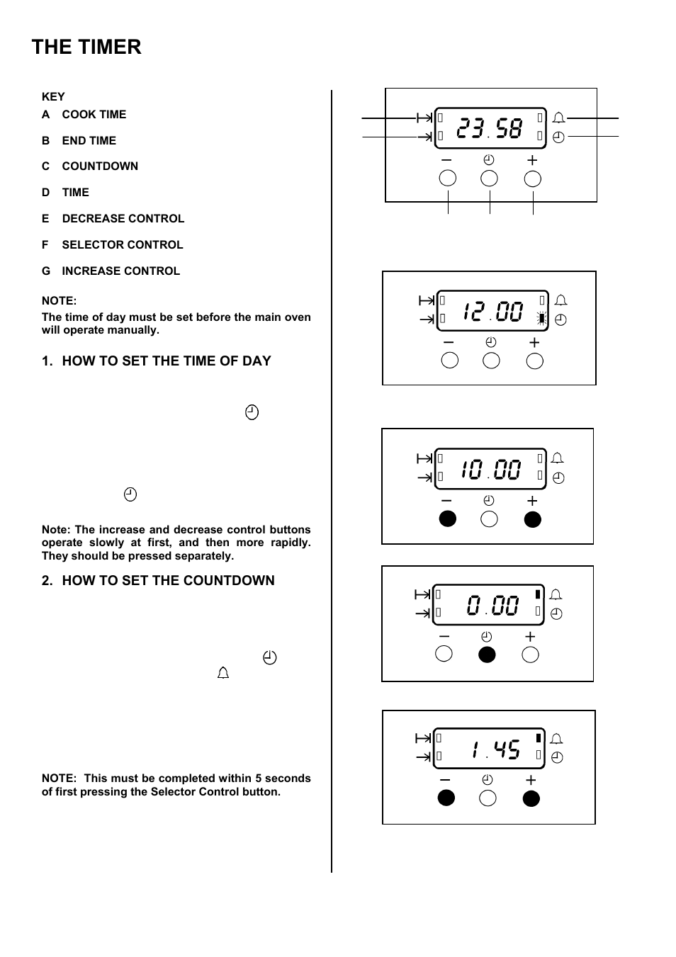 The timer, How to set the time of day, How to set the countdown | Electrolux D77000GF User Manual | Page 7 / 44