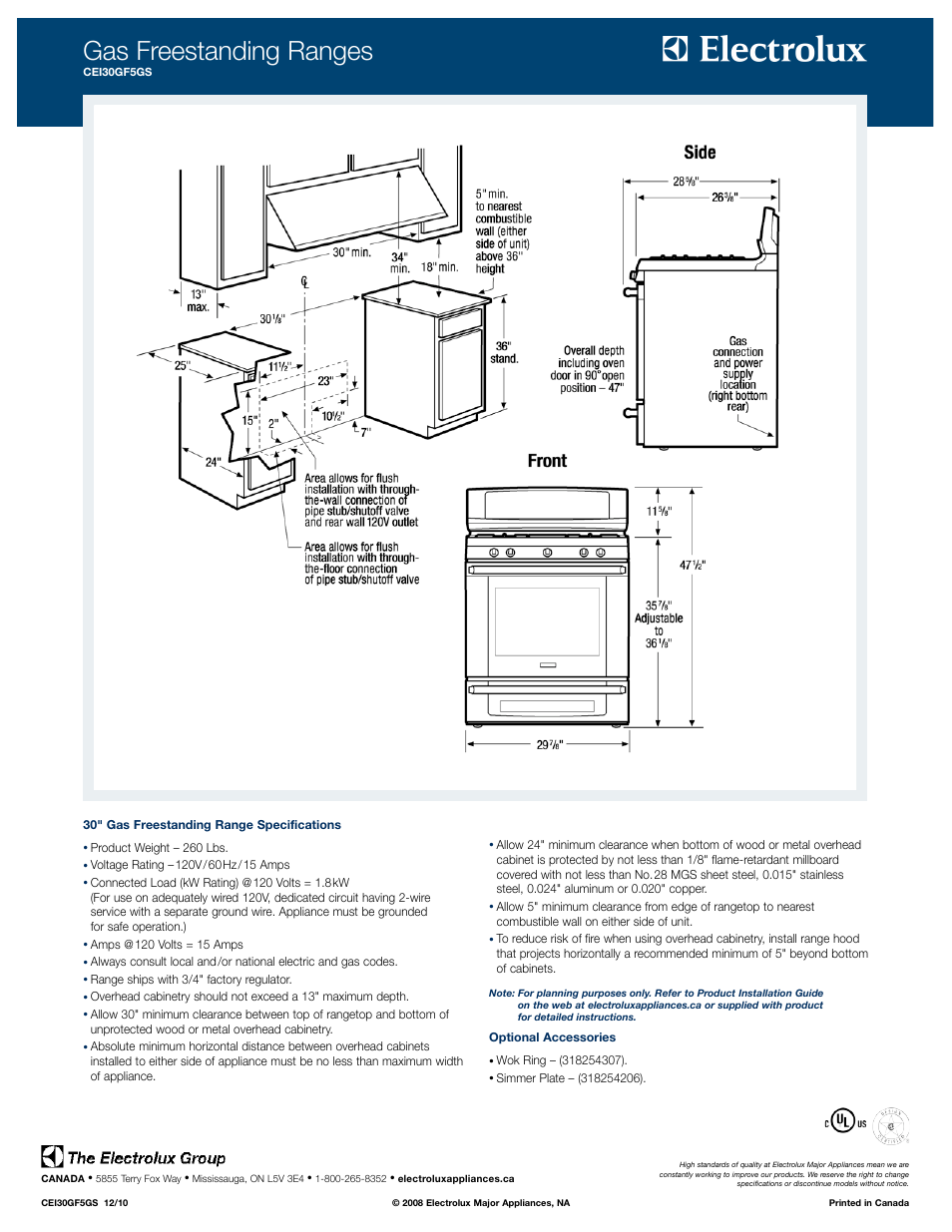 Gas freestanding ranges | Electrolux GAS FREESTANDING RANGES CEI30GF5GS User Manual | Page 2 / 2
