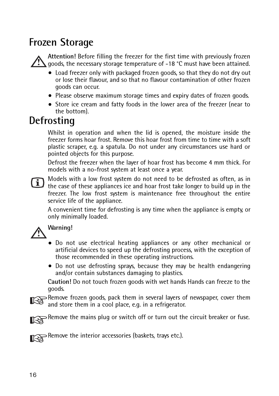 Frozen storage, Defrosting | Electrolux 189 GT User Manual | Page 16 / 24