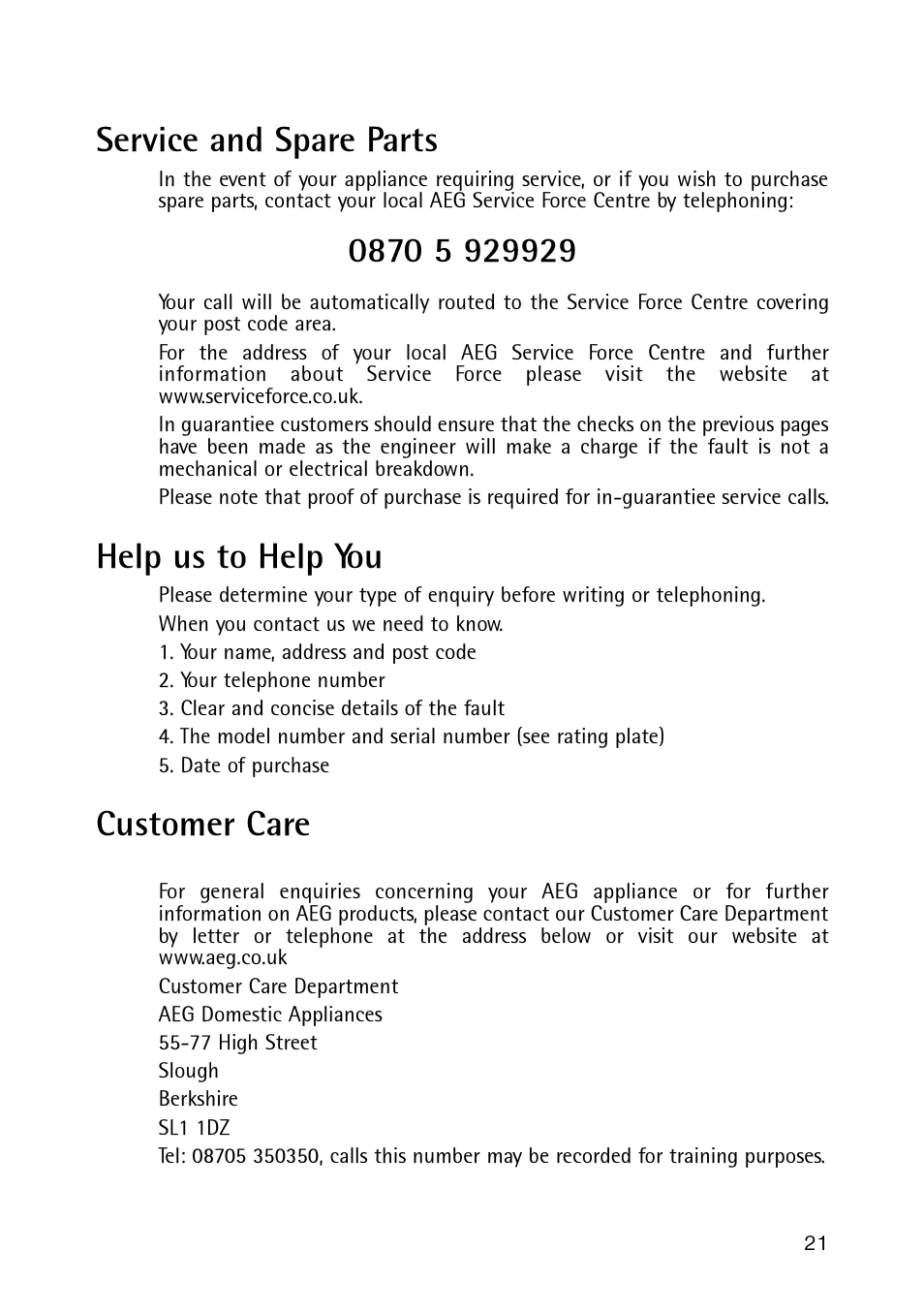 Service and spare parts, Help us to help you, Customer care | Electrolux 189 GT User Manual | Page 21 / 24