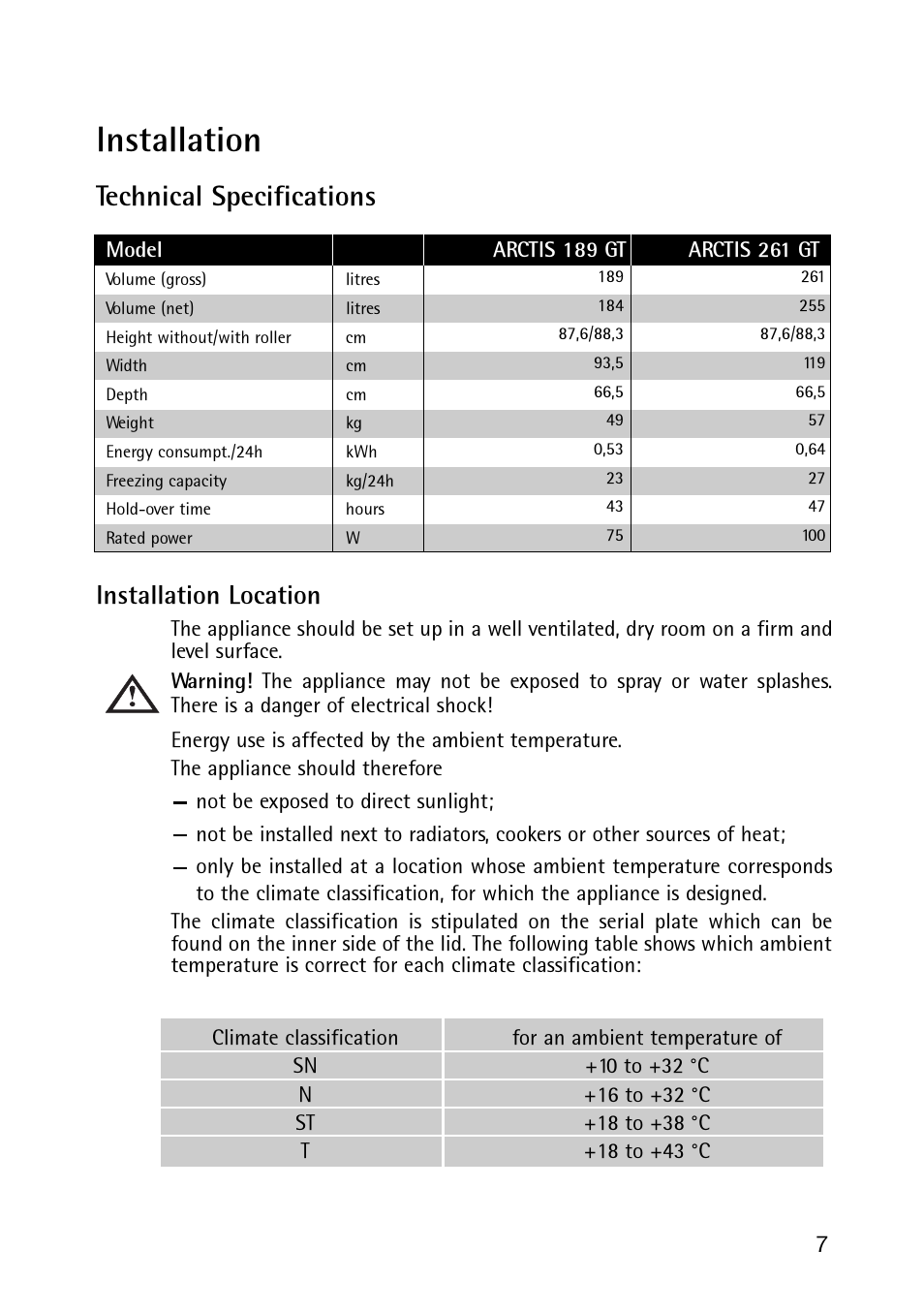 Installation, Technical specifications, Installation location | Electrolux 189 GT User Manual | Page 7 / 24
