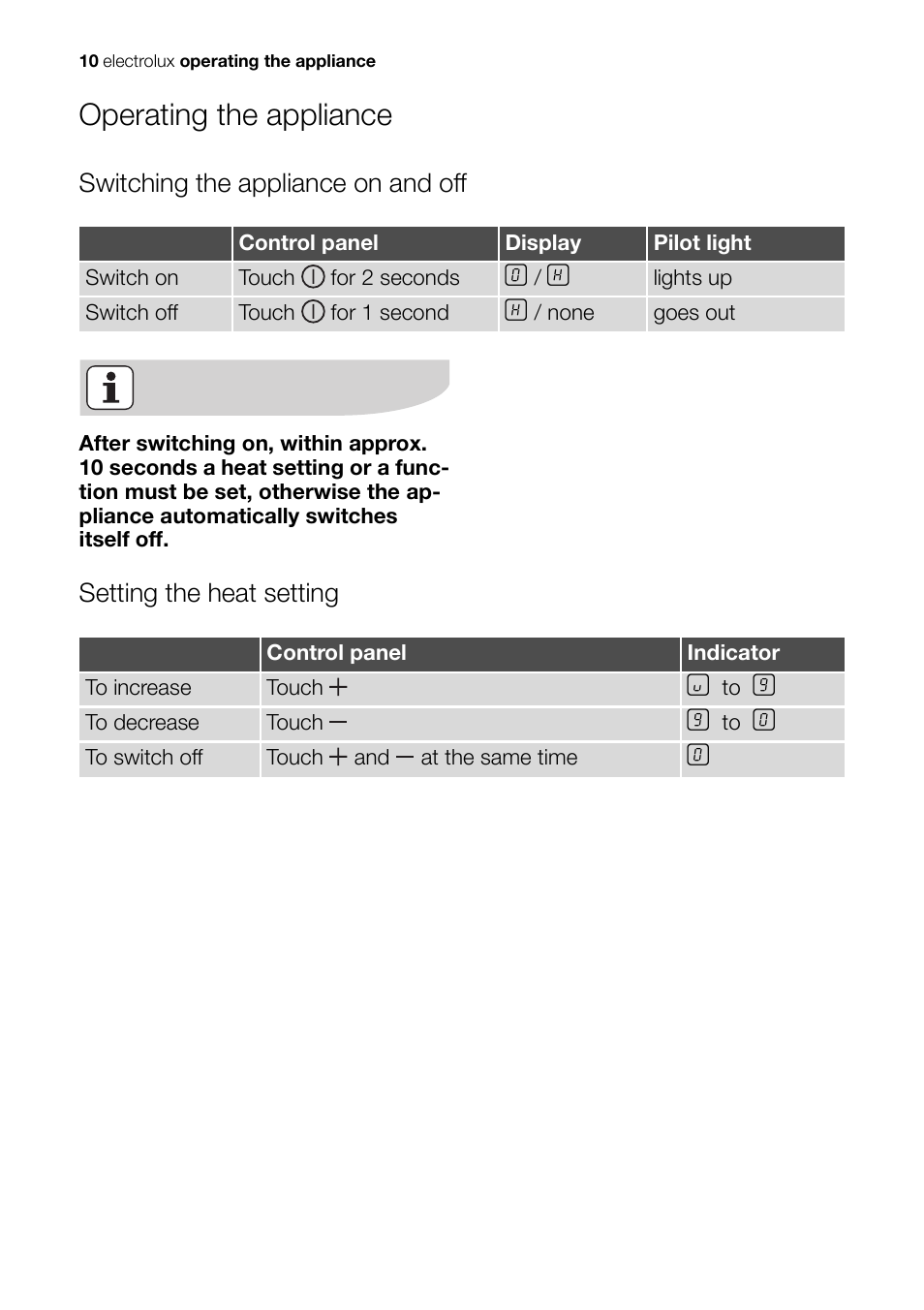 Operating the appliance | Electrolux EHS 36020 U User Manual | Page 10 / 44