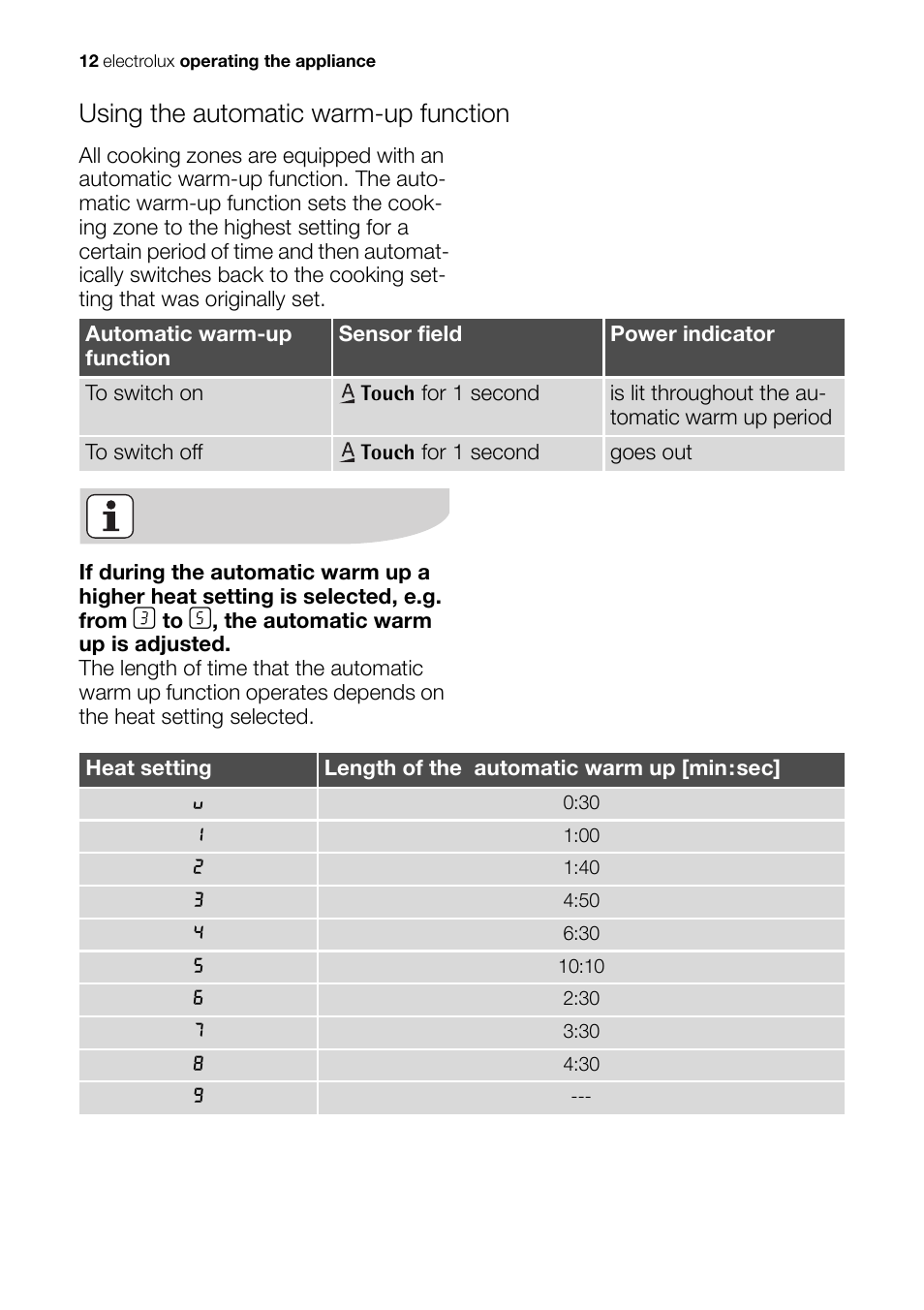 Using the automatic warm-up function | Electrolux EHS 36020 U User Manual | Page 12 / 44